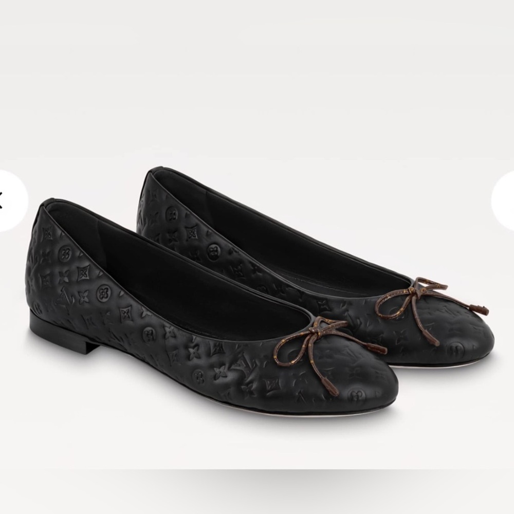 Louis Vuitton Black Embossed Flats with Brown Bow